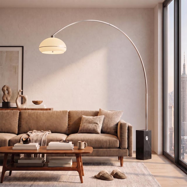 Mid-Century Modern Iconic 95" Arc Lamp, Satin Nickel, Black Marble, Lucite Shade, Mid-Century Modern For Sale - Image 3 of 5