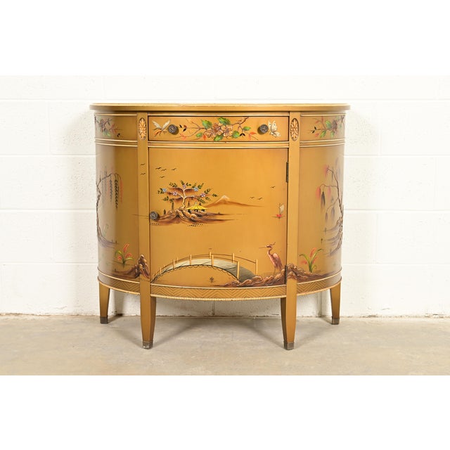 A gorgeous Regency, Neoclassical, or Louis XVI style Chinoiserie demilune console or bar cabinet By Imperial Furniture...