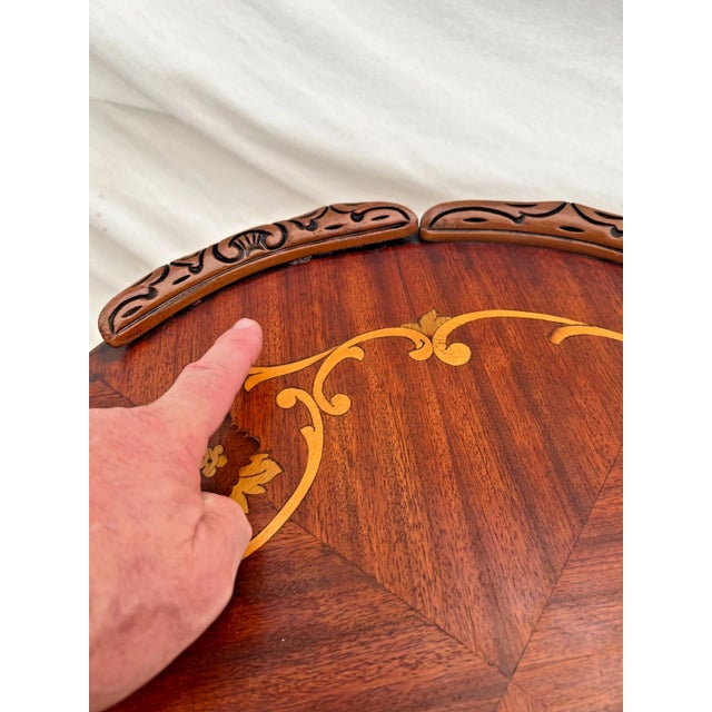 Brown 1930s Two French Side Tables, Display, Nightstands, Round Top Floral Marquetry For Sale - Image 8 of 13