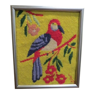 Vintage Mid Century Modern Needlepoint Parrot Textile For Sale