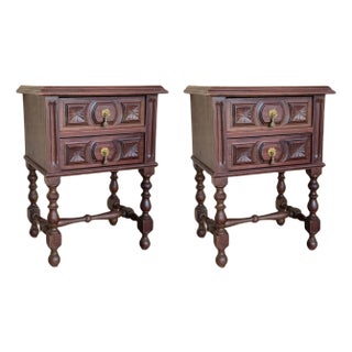 20th Century Pair of Spanish Nightstands with Two Drawers and Iron Hardware For Sale