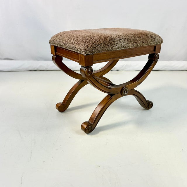Burnt Umber 1970s Vintage French Empire Neoclassical Hollywood Regency Style X-Base Bench For Sale - Image 8 of 15