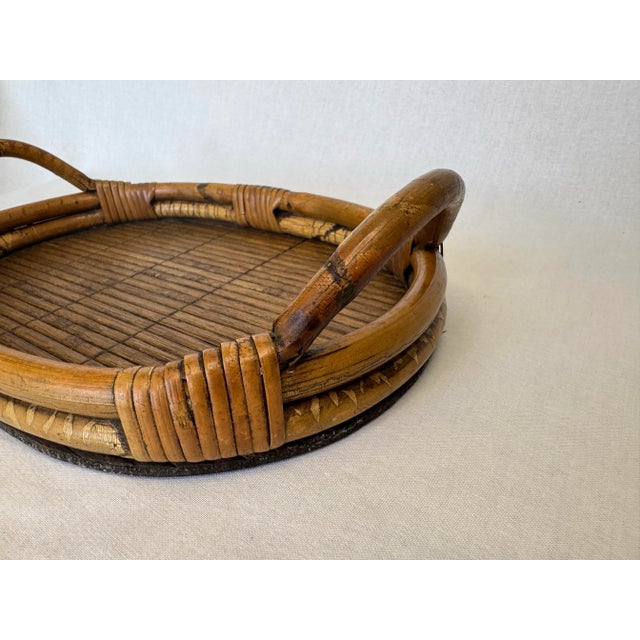 Vintage Coastal Bamboo & Pencil Reed Rattan Double Handle Serving Tray in the Style of Gabriella Crespi For Sale - Image 10 of 12