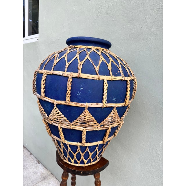 Spanish Revival Bleu Majorelle Terracotta Woven Vessel / Vase — Cobalt Blue Mediterranean Coastal For Sale - Image 3 of 11