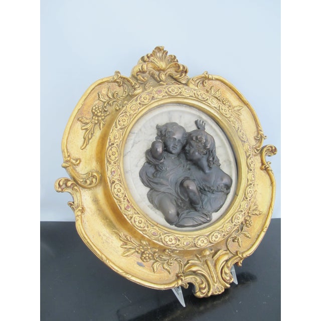 After Ew Wyon Marble & Wood Cherub Plaque Calmady Children in Gilt Frame For Sale - Image 4 of 10