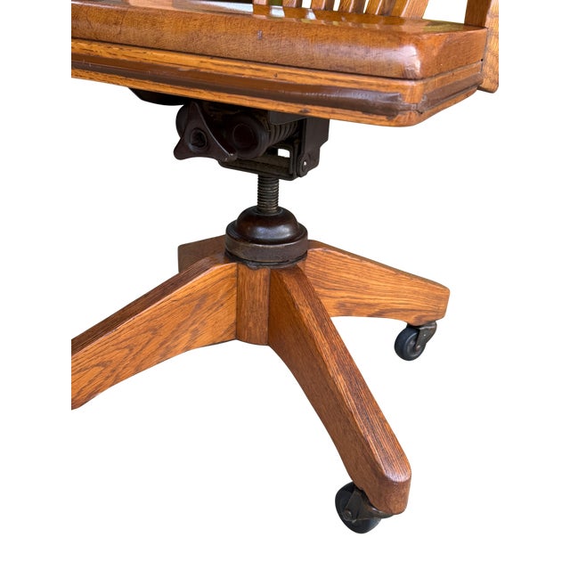 Antique B.L.Marble Chair Co. Golden Oak Swivel Desk Chair | Quarter-Sawn Oak Banker’s Chair | Early American Library & Office Chair For Sale - Image 12 of 13