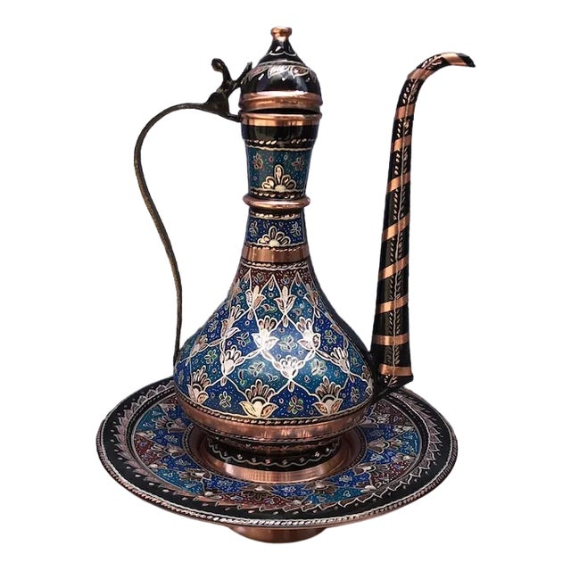 Turkish Handmade Inlaid Pitcher with Plate For Sale