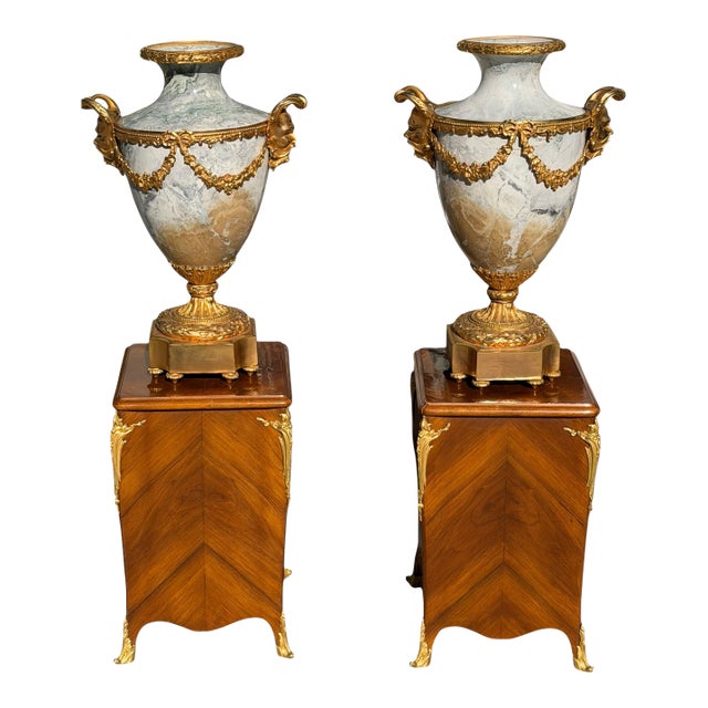 Pair of Louis Vvi Style Gilt Bronze Urns on Tulipwood Stands For Sale