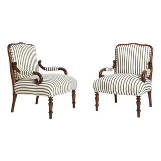 Green and White Stripes Lounge Chairs, Set of 2 For Sale