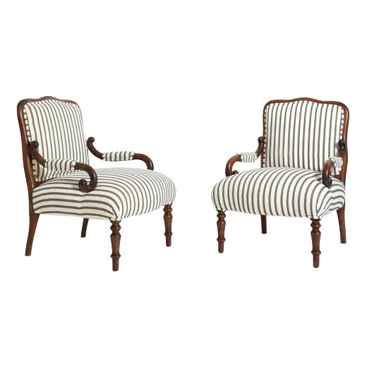 Green and White Stripes Lounge Chairs, Set of 2 For Sale