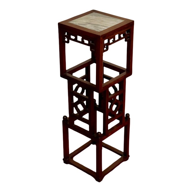 20th Century Chinese Square Carved Rosewood Pedestal Stand With Marble Top For Sale