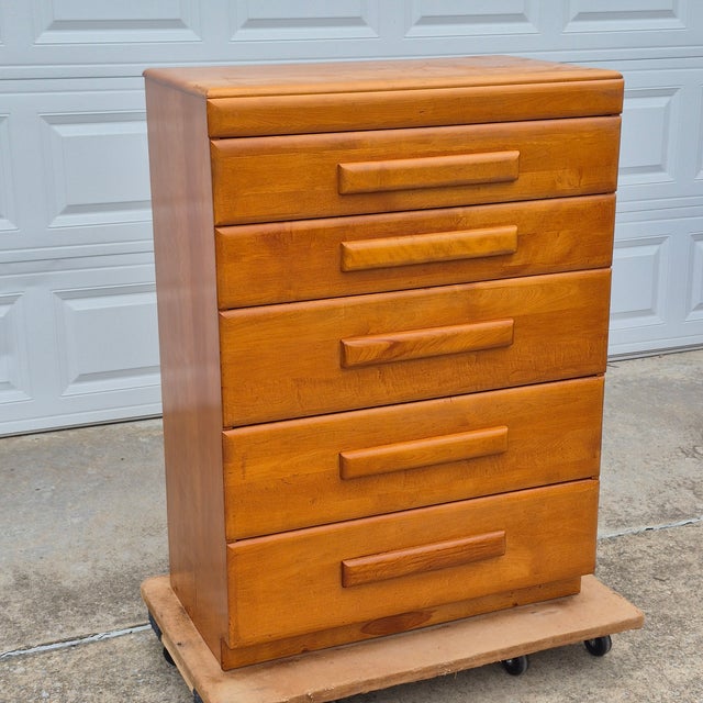1930s Russel Wright for Conant Ball Solid Maple 5 Drawer Dresser Chest of Drawers Tall Boy High Boy For Sale - Image 11 of 11
