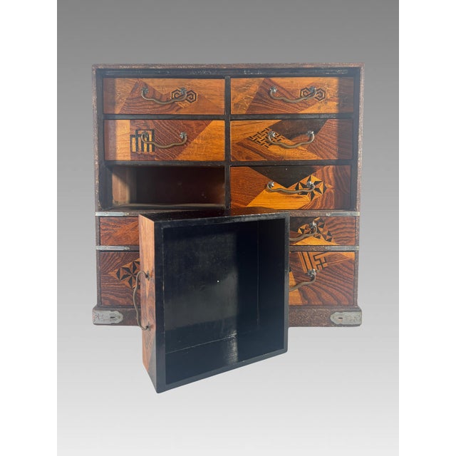Wood Antique Japanese Marquetry 'Exotic Wood' Tansu Storage Chest, Jewelry or Accessory Box For Sale - Image 7 of 10