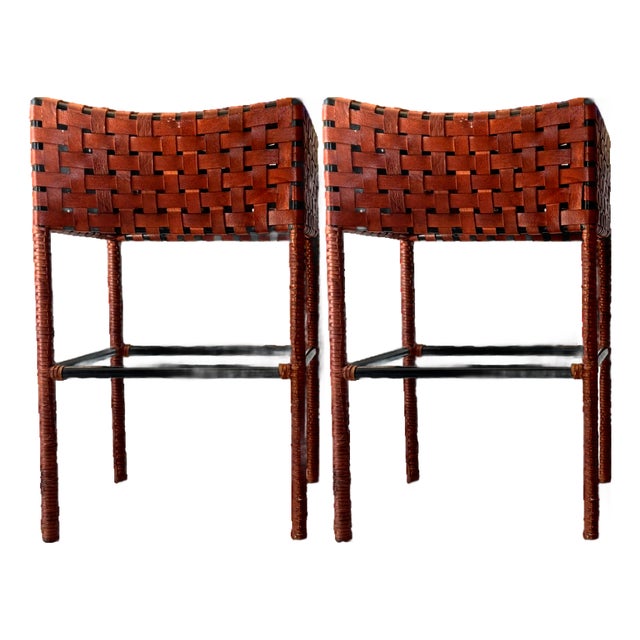 Vintage Woven Saddle Leather Bar Stools - A Pair For Sale