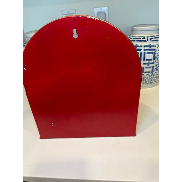 Vintage Hand Painted Red Tole Floral Wall Pocket Planter Mailbox For Sale - Image 10 of 11