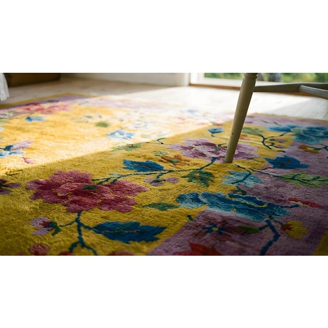 1920s Yellow Purple Floral Antique Chinese Art Deco Carpet 3'1" X 5'10" Knotted Wool Rug For Sale - Image 12 of 14
