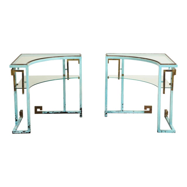 Pair of Hollywood Regency Metal and Glass Side Tables For Sale