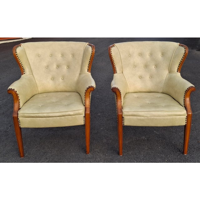Wood Pair Mid 20th Century Mahogany and Tufted Vinyl Upholstered Wingback Chairs For Sale - Image 7 of 14