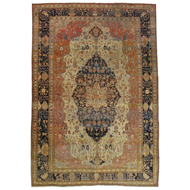 Late 19th Century Antique Persian Mohtasham Kashan Rug, Handmade Oriental Rug, Ivory, Navy, Rust For Sale - Image 5 of 5