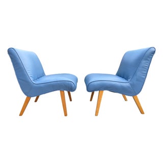 Mid Century 1950's Pair of Jens Risom Scoop Lounge Chairs in Blue Leather ~ Knoll For Sale