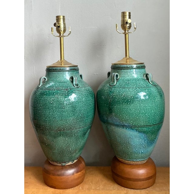 Vintage Green Glazed Ceramic Table Lamps - Pair For Sale - Image 10 of 12