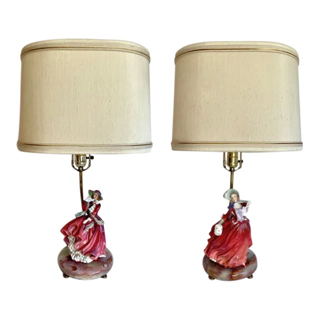 1930s Pair of English Royal Doulton Lady Figurines on Onyx Lamps For Sale