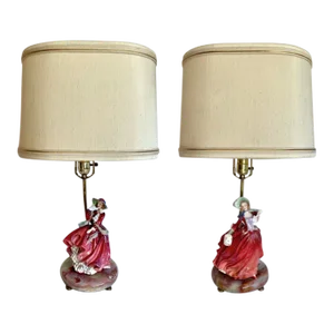 1930s Pair of English Royal Doulton Lady Figurines on Onyx Lamps