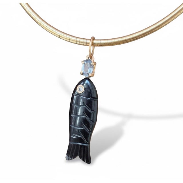 Perfect Black Onyx Poisson Pendant With Spinel & Diamond For Sale In New York - Image 6 of 7