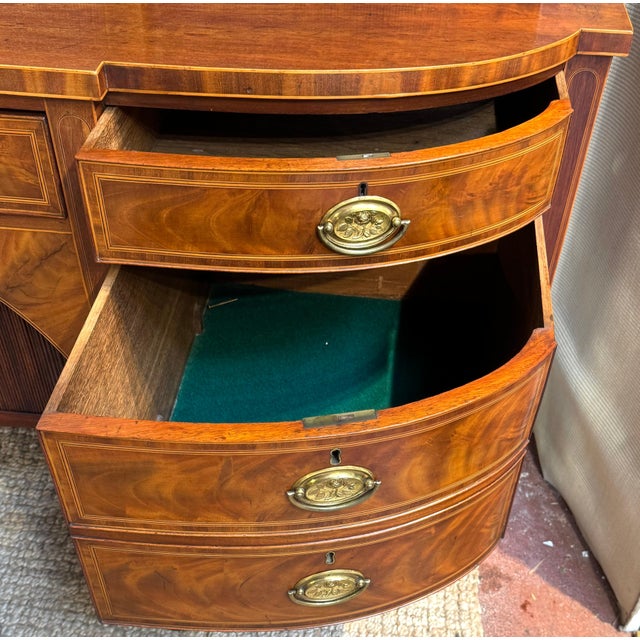 English Georgian Revival Mahogany & Satinwood Inlaid Tambour Sideboard, Late 19C For Sale - Image 4 of 12