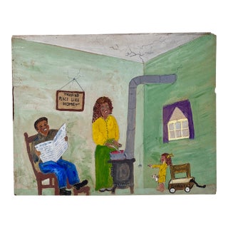 Vintage Original Outsider Folk Art Black Americana Painting on Paper Depicting Family at Home For Sale