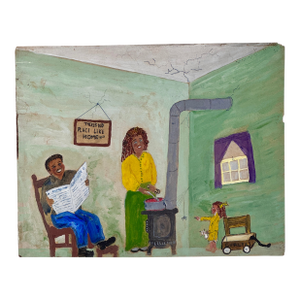 Vintage Original Outsider Folk Art Black Americana Painting on Paper Depicting Family at Home