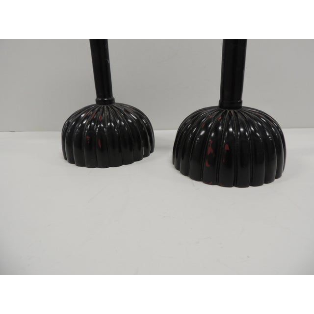 1990s Tall Asian Black Lacquered Faux-Wood Candleholders - Set of 2 For Sale - Image 5 of 6