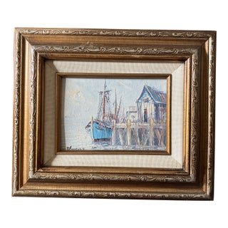 1970’s Original Impressionist Fishing Village Small Seascape Painting Original Frame Signed For Sale