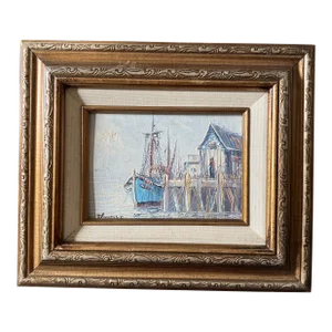 1970’s Original Impressionist Fishing Village Small Seascape Painting Original Frame Signed