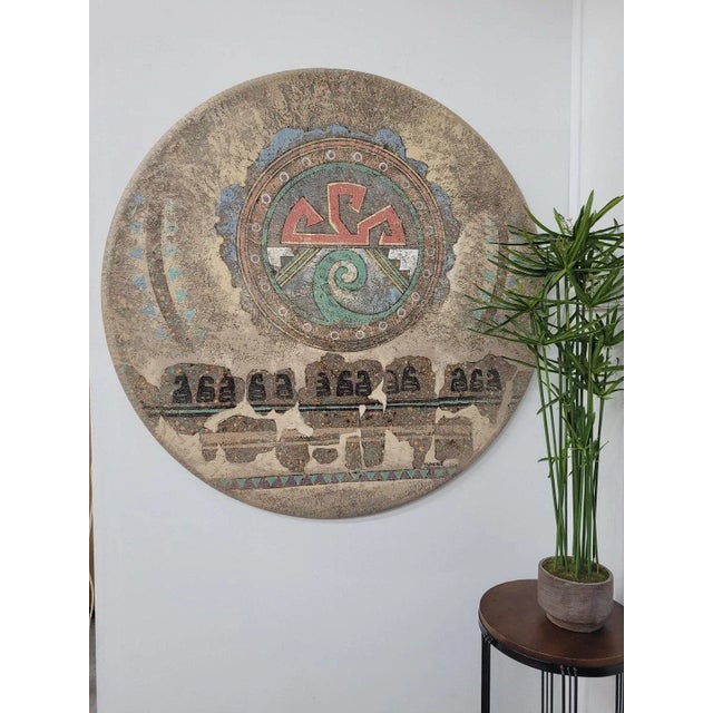 Vintage Hand Painted Signed Simone Vanguard Studios Wall Art Hanging Aztec Design Round Disk # 125038 43.5" In good...