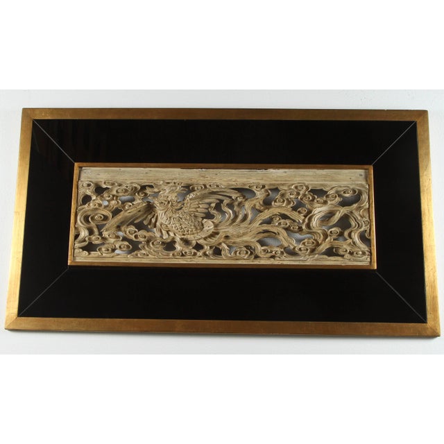 Wood 1960s Oriental Carving Framed in Black Mirror and Gilded Wood For Sale - Image 7 of 8