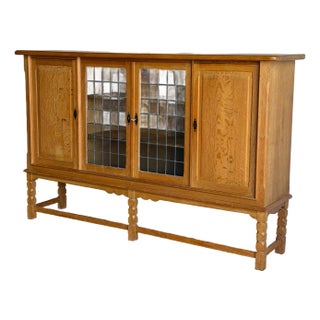 In Style of Henning Kjærnulf Large Oak Sideboard Сredenza With 2 Leaded Glass Mid-Century Modern Denmark 1960s For Sale