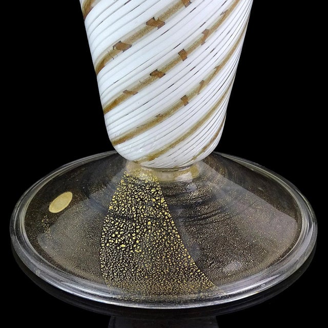 Glass Vintage Murano Large White Copper Aventurine Ribbons Italian Art Glass Footed Flower Vase For Sale - Image 7 of 9