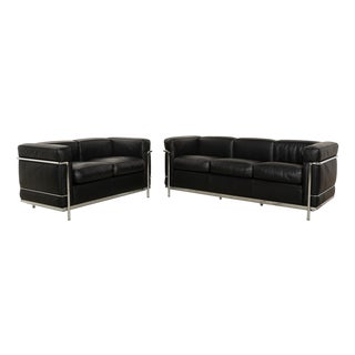 LC 2 3-Seater and 2-Seater Sofas in Black Leather by Le Corbusier for Cassina, Set of 2 For Sale