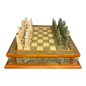Large Vintage Aztecs vs Conquistadors Stone, Resin, and Wood Chess Set, 33 Pieces