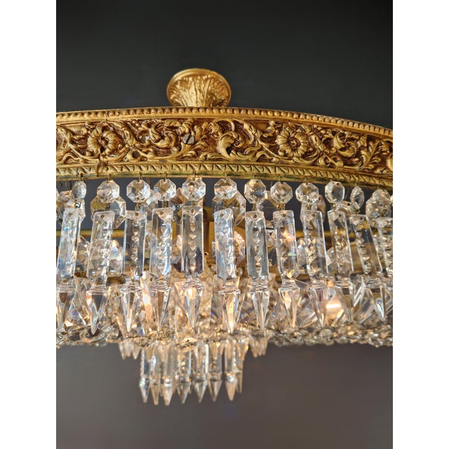 1930s Antique Oval Flush Mount Chandelier Brass Crystal Ceiling Light Restored Gold For Sale - Image 5 of 10