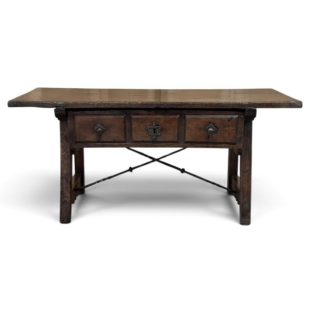 17th Century Rare 17th Century Rustic Spanish Walnut Coffee Table With Wrought Iron For Sale - Image 5 of 18