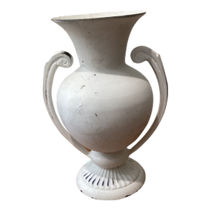Vintage White Paint on the Brass Neoclassical Amphora Vase W/Scroll Handles Signed