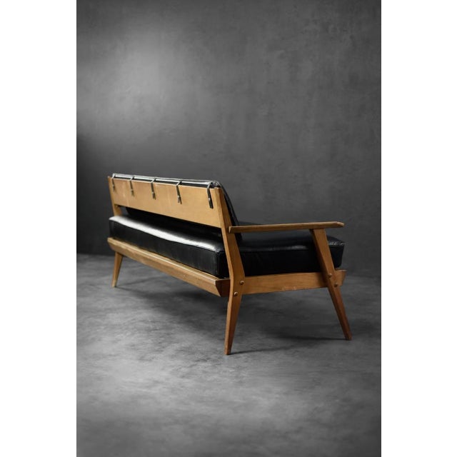 Mid-Century Modern German Oak and Black Leather Sofa, 1960s For Sale - Image 13 of 18