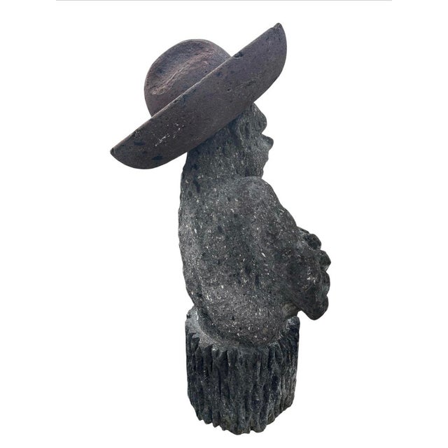 Folk Art Vintage Hand-Carved Volcanic Stone Whimsical Monkey With Sombrero & Bananas Garden Statue For Sale - Image 3 of 12
