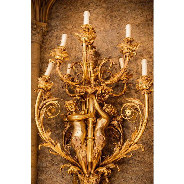 20thC French Bronze Louis XVI Gilt Wall Lamps Sconces Pair For Sale - Image 6 of 9