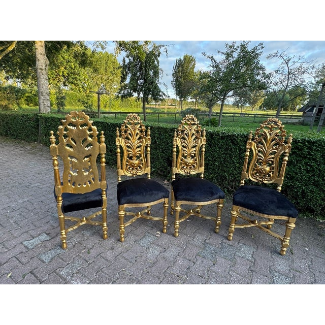 1900 Italian Rococo Gold Beech Black Velvet Dining Chairs - Set of 6 Pc For Sale - Image 9 of 18