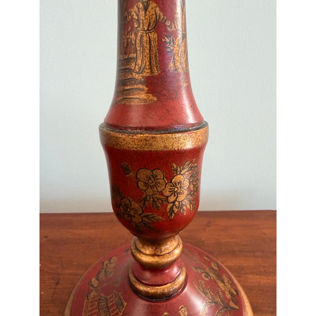 John Rosselli Elegant Red Chinoiserie Table Lamps With Red Tole Shades in the Style of John Rosselli, Pair For Sale - Image 4 of 12
