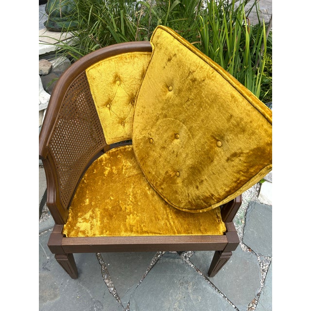 Mid-Century Modern 1960s Cane Tub Chair in Vibrant Marigold Slub Velvet - Rare Finished Seat Deck For Sale - Image 3 of 11