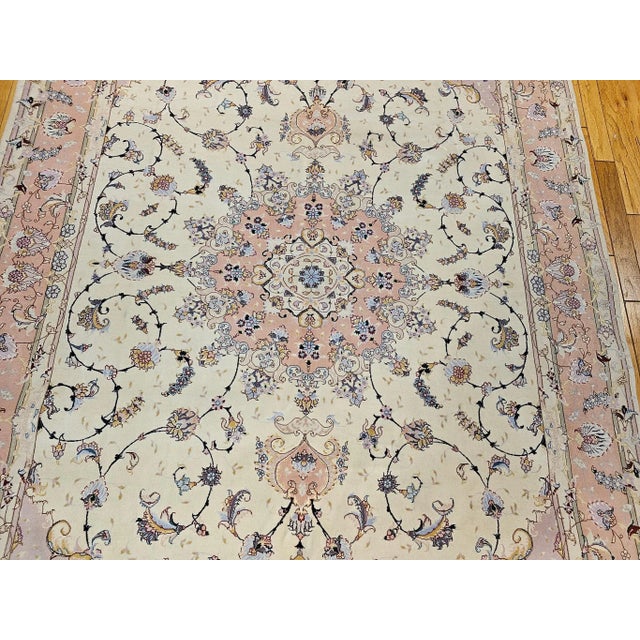 Cream Persian Tabriz Rug, Hand-Knotted Wool & Silk, Fine Floral Pattern, Ivory & Pink, 7x10 For Sale - Image 8 of 12